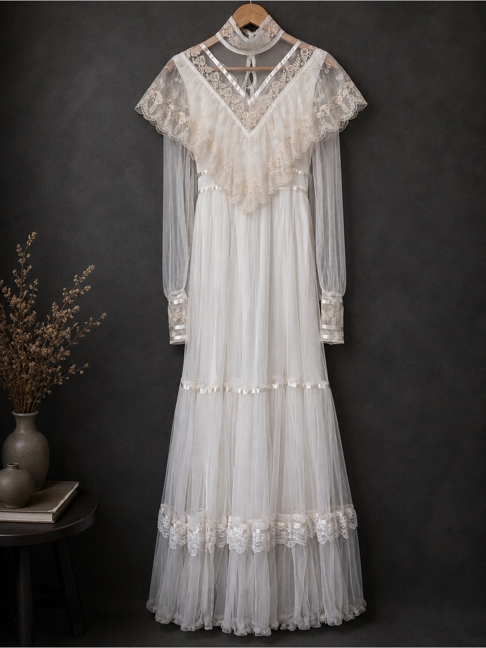 Atq Edwardian Medieval Boho A Line Ivory White Lace Wedding Dress Bridal Gown